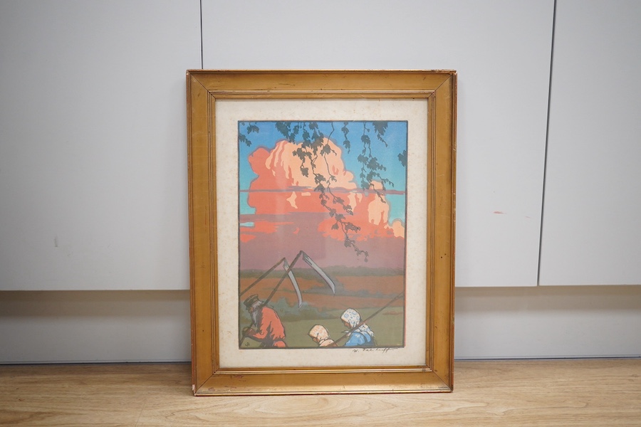 W. Falileieff, colour linocut, Harvesters, signed, 39 x 30cm. Condition - fair, foxing throughout